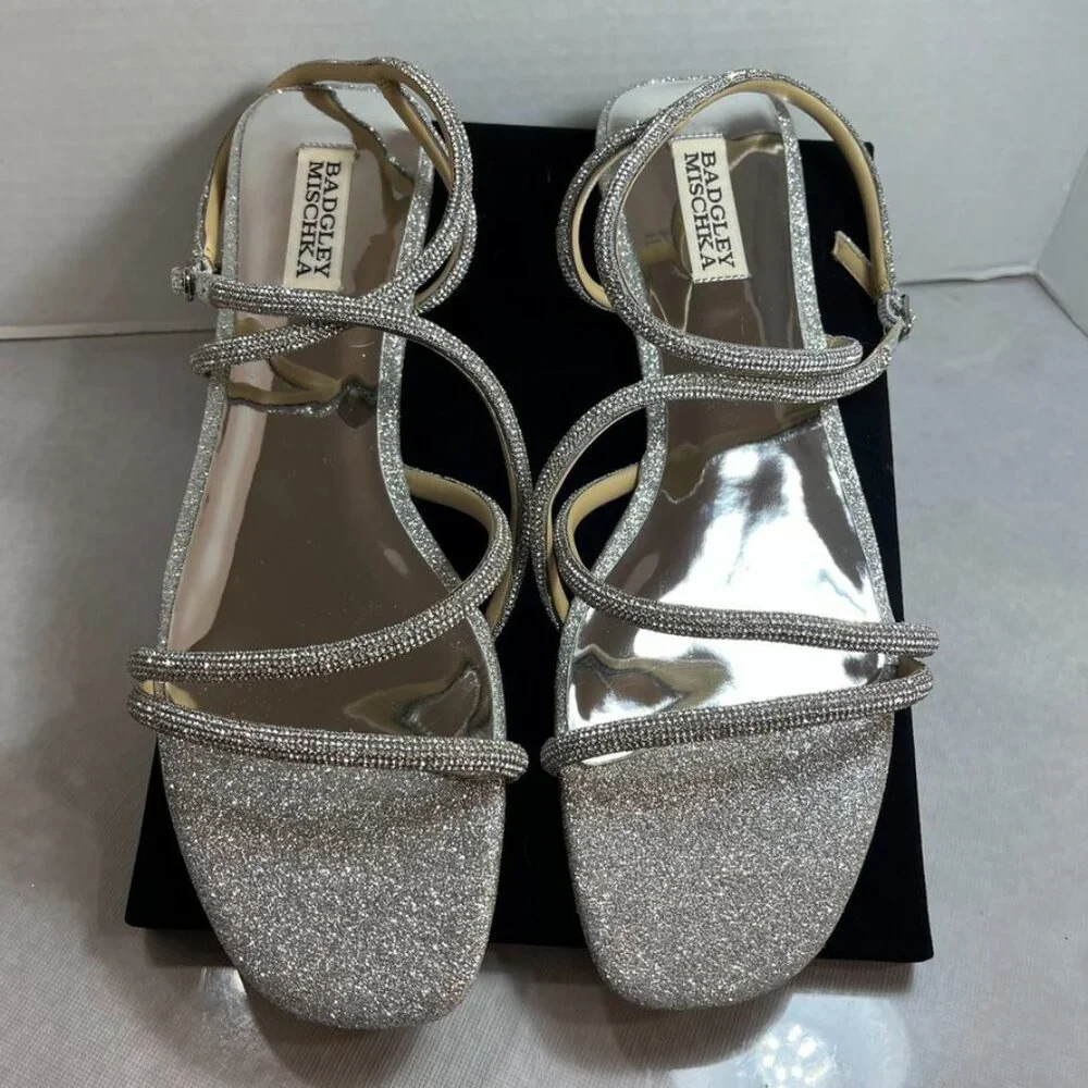 Badgley Mischka Crystal Strappy Flat Sandals Silver 10M